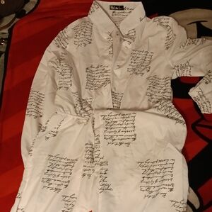 White Button Down Shirt with Script Text Print Pattern(Never Worn